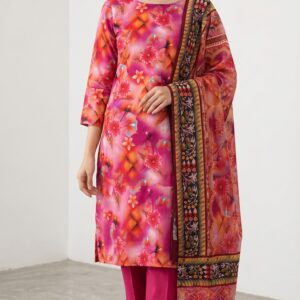 Unstitched pink floral lawn suit featuring digital printed magenta kameez, ethnic dupattta, and solid pink trousers