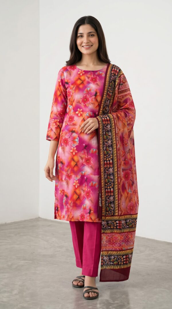 Unstitched pink floral lawn suit featuring digital printed magenta kameez, ethnic dupattta, and solid pink trousers
