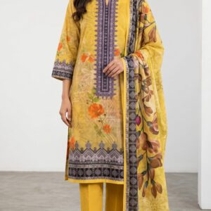 Unstitched yellow sequence work lawn suit featuring floral digital print kameez, embroidered neckline, and printed dupatta