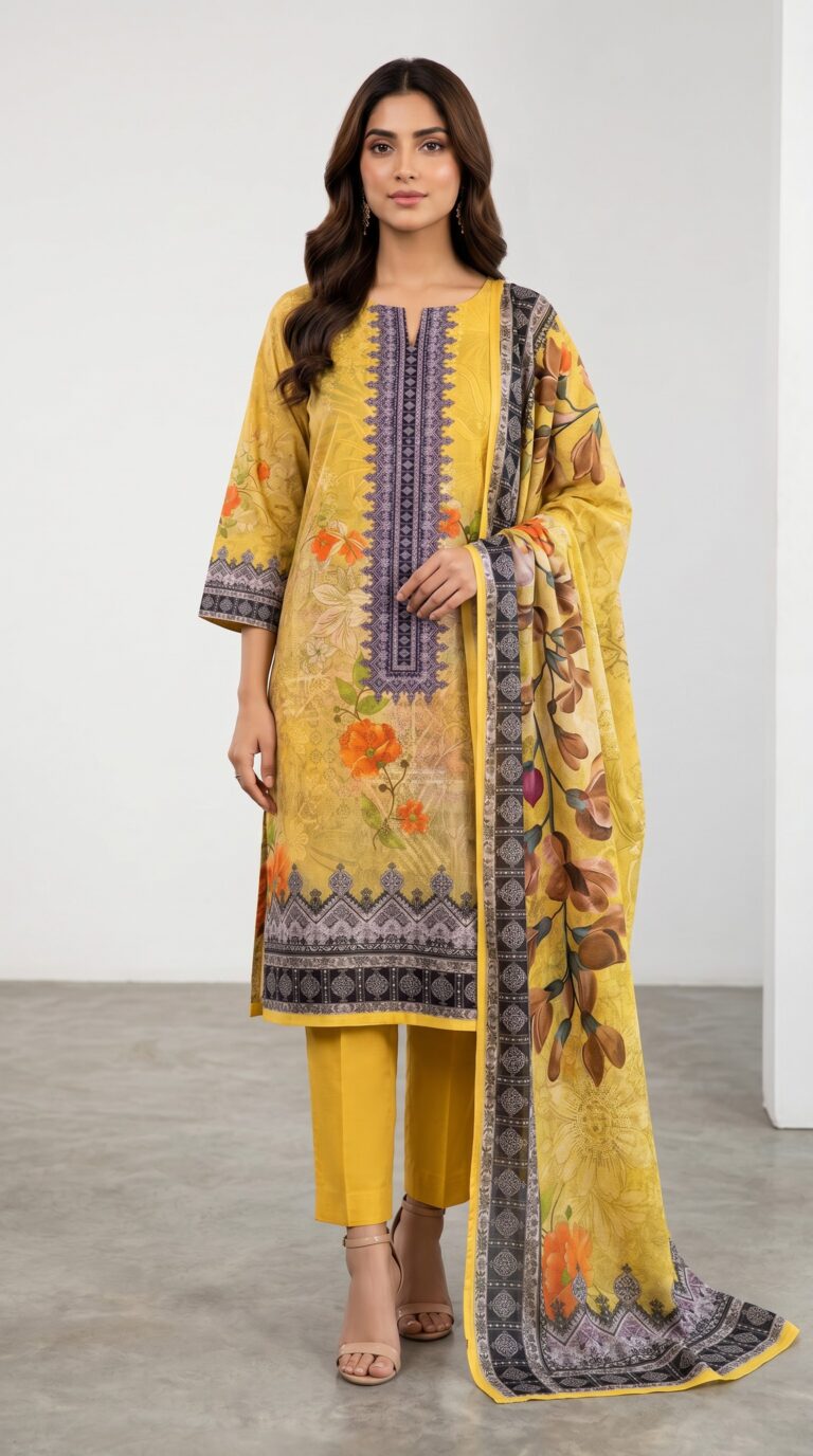 Unstitched yellow sequence work lawn suit featuring floral digital print kameez, embroidered neckline, and printed dupatta
