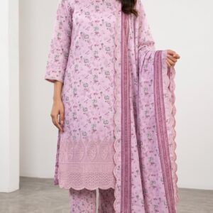 Unstitched lavender lawn suit featuring digital printed body, boring work hemline, scalloped border dupatta, and boring work salwar