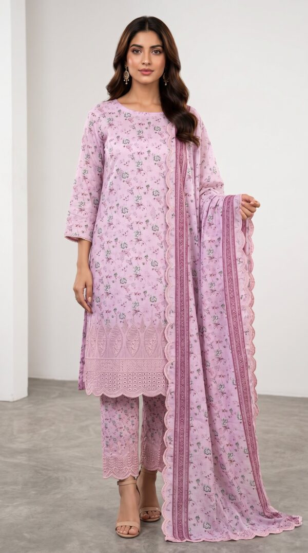 Unstitched lavender lawn suit featuring digital printed body, boring work hemline, scalloped border dupatta, and boring work salwar