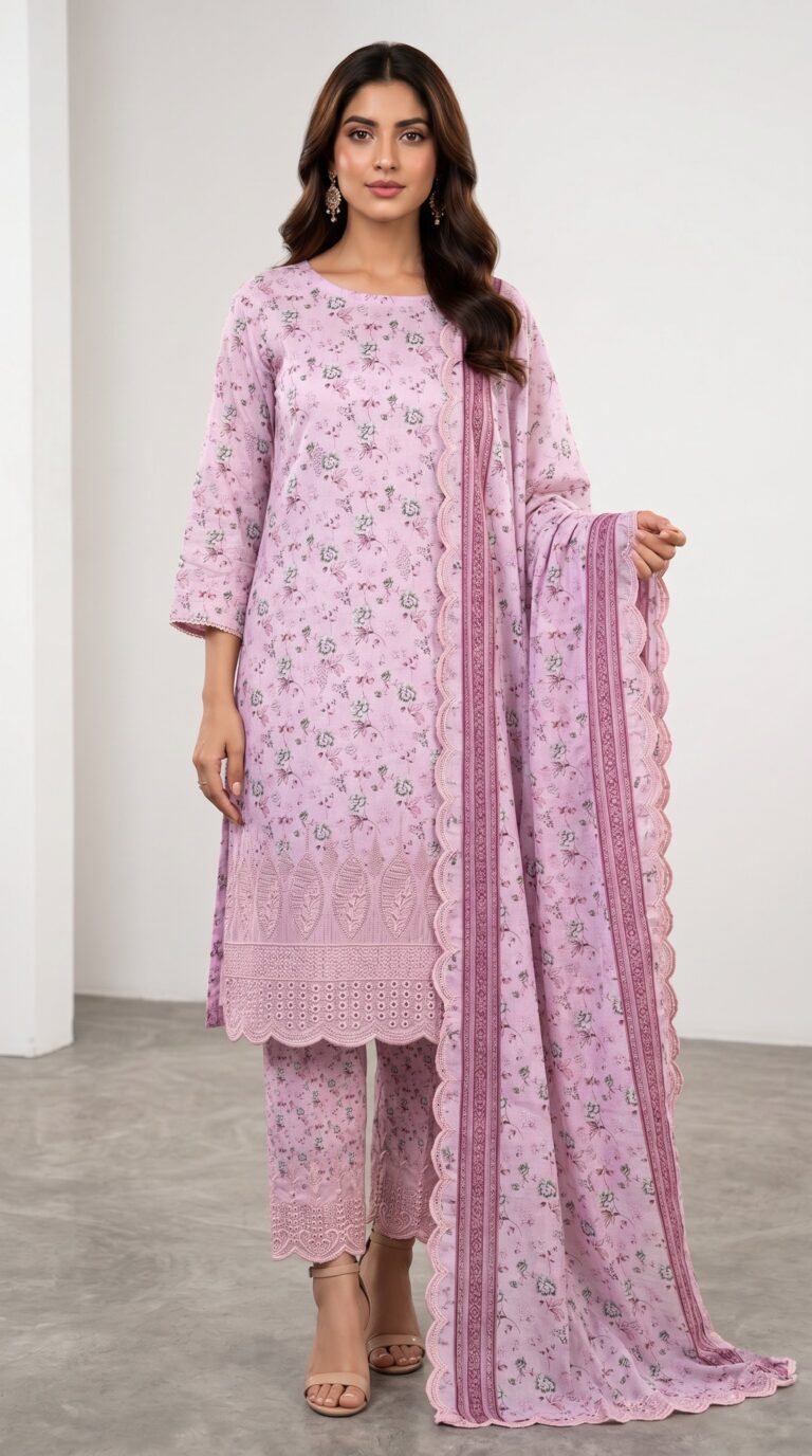 Unstitched lavender lawn suit featuring digital printed body, boring work hemline, scalloped border dupatta, and boring work salwar