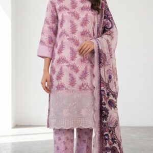 Unstitched soft purple lawn suit featuring digital printed body, boring work hemline, scalloped border dupatta, and boring work salwar