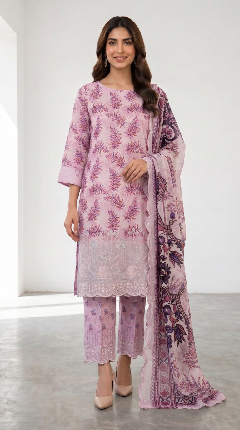 Unstitched soft purple lawn suit featuring digital printed body, boring work hemline, scalloped border dupatta, and boring work salwar