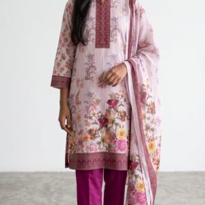 Unstitched pink sequence work lawn suit with digital printed kameez, floral dupatta, and magenta pants