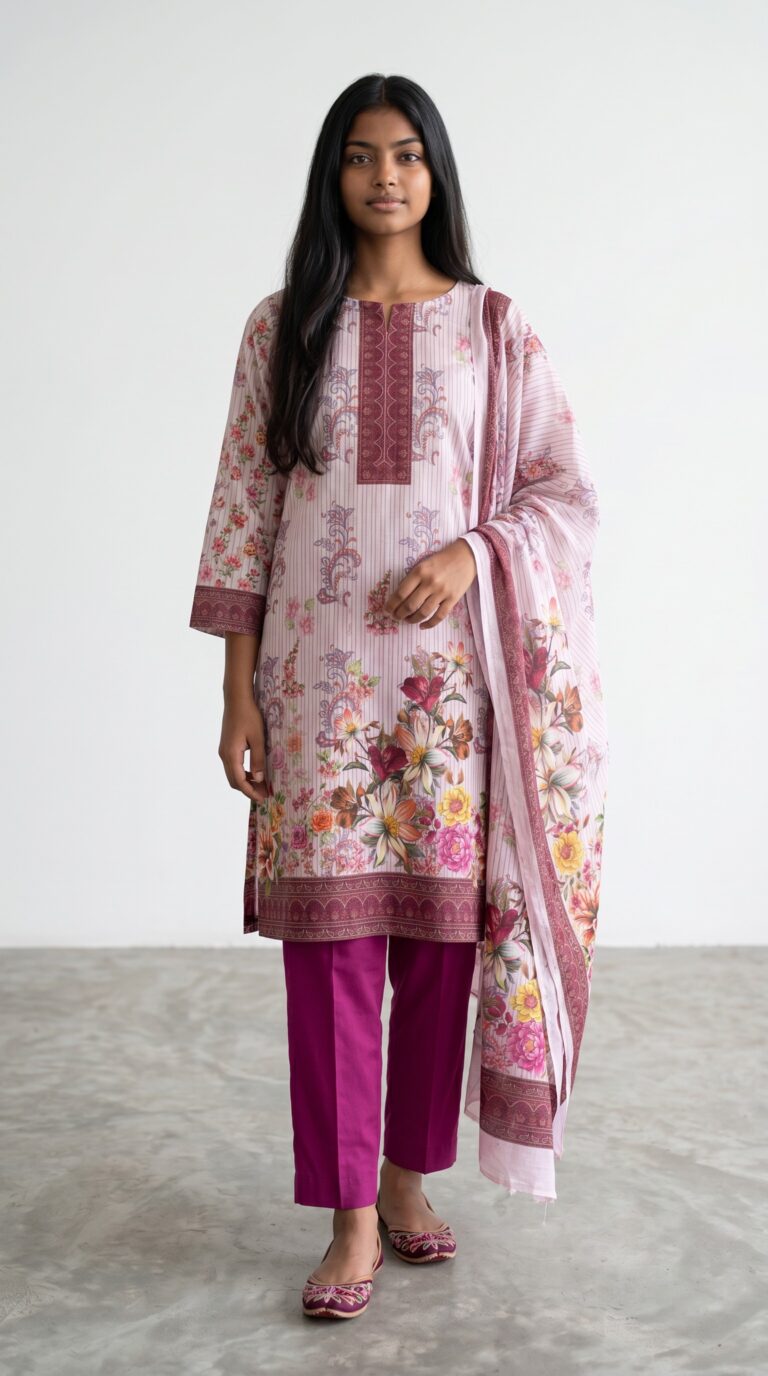 Unstitched pink sequence work lawn suit with digital printed kameez, floral dupatta, and magenta pants