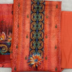 Unstitched Digital Printed Cotton Three Piece Set – Rust Orange Floral Lawn Suit - Image 2