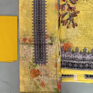 Unstitched yellow sequence work lawn suit featuring floral digital print kameez, embroidered neckline, and printed dupatta