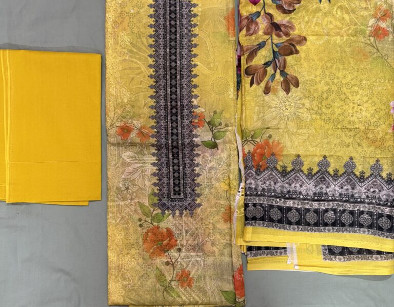 Unstitched yellow sequence work lawn suit featuring floral digital print kameez, embroidered neckline, and printed dupatta