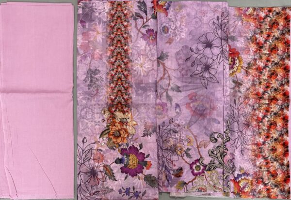 Unstitched purple sequence work lawn suit with digital printed floral kameez, embroidered panel, and printed dupatta