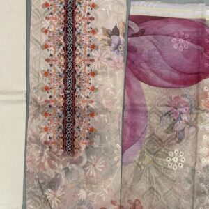 Unstitched sequence work lawn suit with digital printed floral kameez, zebra border dupatta, and off-white trousers