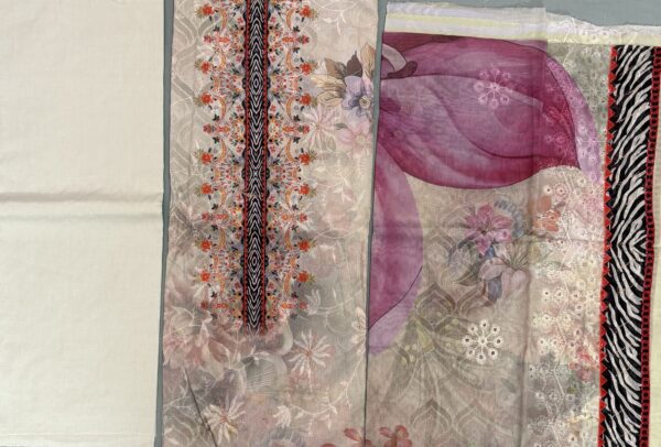 Unstitched sequence work lawn suit with digital printed floral kameez, zebra border dupatta, and off-white trousers