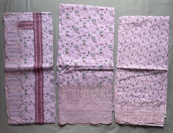 Unstitched lavender lawn suit featuring digital printed body, boring work hemline, scalloped border dupatta, and boring work salwar