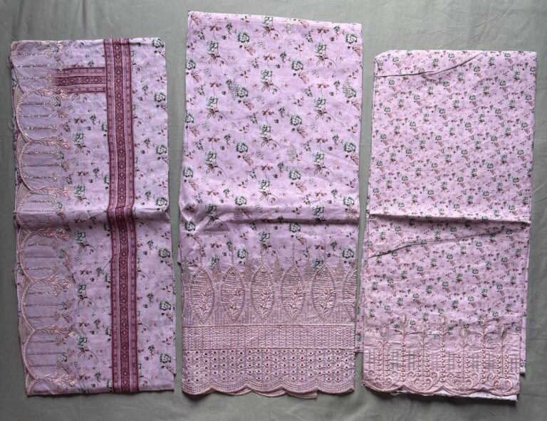 Unstitched lavender lawn suit featuring digital printed body, boring work hemline, scalloped border dupatta, and boring work salwar