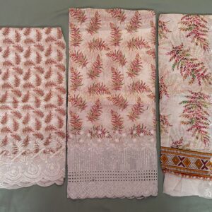 Unstitched peach pink lawn suit featuring digital printed body, boring work hemline, scalloped embroidery dupatta, and boring work salwar