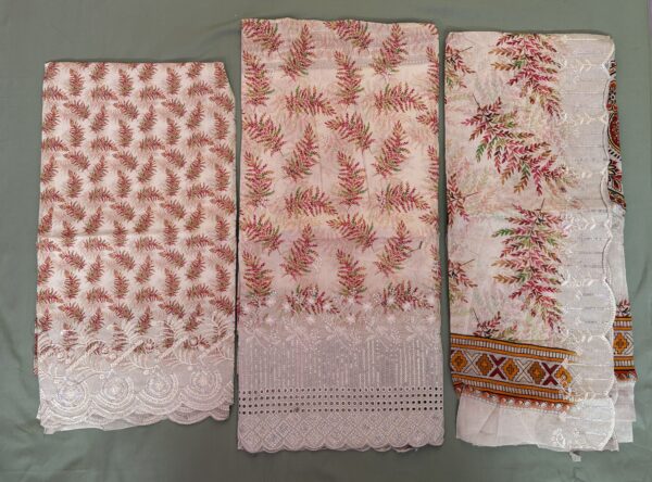 Unstitched peach pink lawn suit featuring digital printed body, boring work hemline, scalloped embroidery dupatta, and boring work salwar