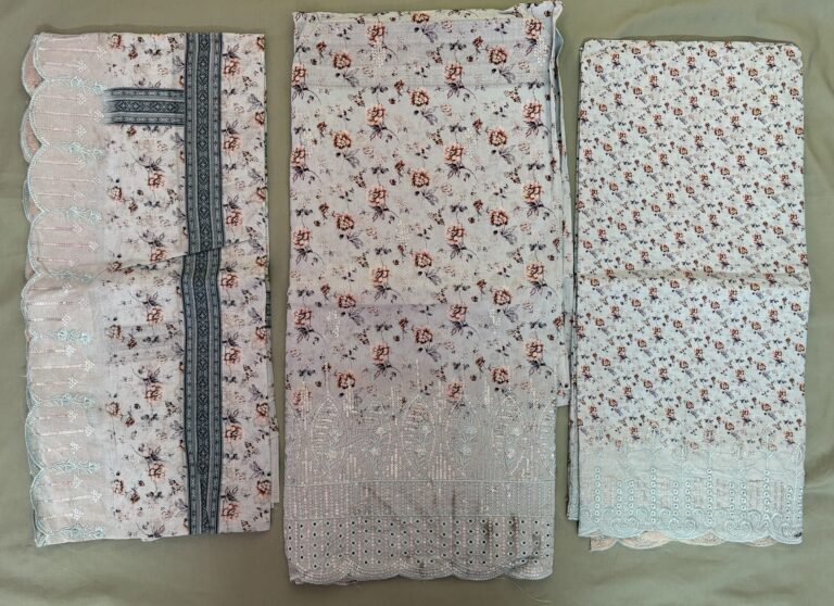 Unstitched lavender grey lawn suit featuring digital printed body, boring work hemline, scalloped dupatta, and boring work salwar