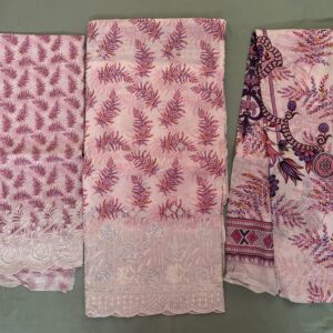 Unstitched soft purple lawn suit featuring digital printed body, boring work hemline, scalloped border dupatta, and boring work salwar
