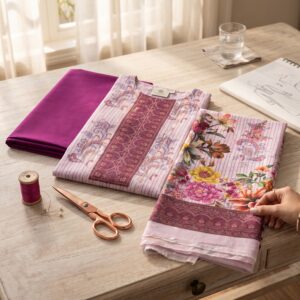Unstitched pink sequence work lawn suit with digital printed kameez, floral dupatta, and magenta pants