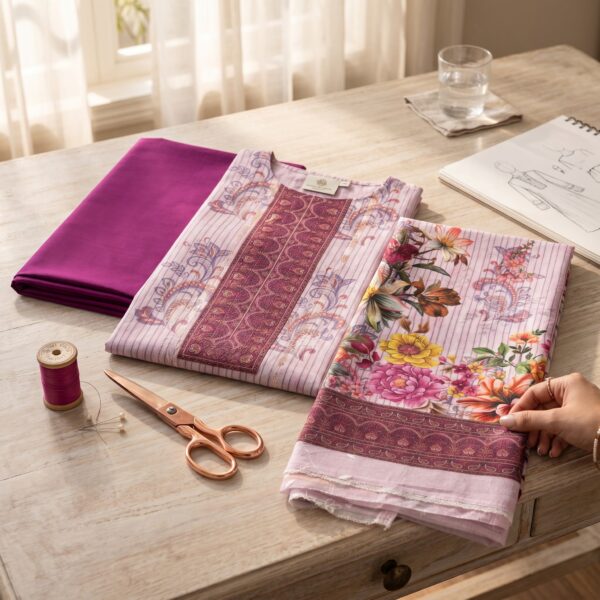 Unstitched pink sequence work lawn suit with digital printed kameez, floral dupatta, and magenta pants