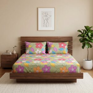 Colorful floral print cotton bedsheet set in sage green with matching floral pillow covers