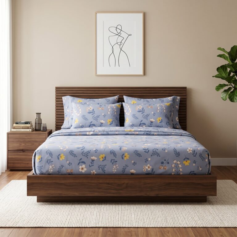 Dusty blue floral print cotton bedsheet set on wooden bed with matching pillow covers