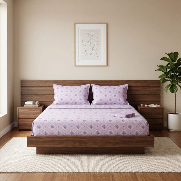 Lavender printed cotton bedsheet set on wooden bed with matching pillow covers