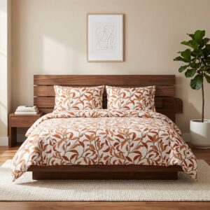 Terracotta leaf print cotton bedsheet set on wooden bed with matching pillow covers