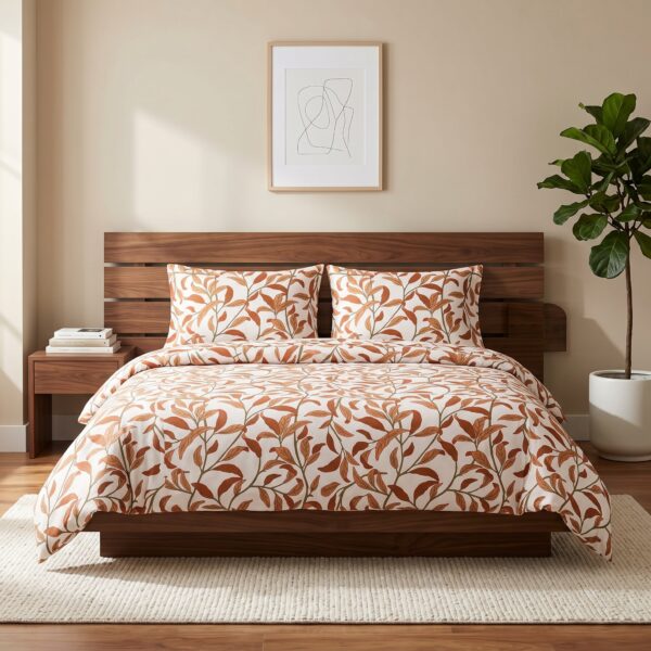 Terracotta leaf print cotton bedsheet set on wooden bed with matching pillow covers