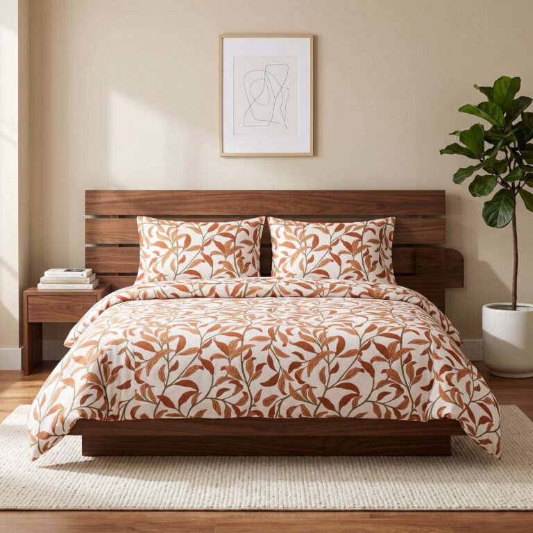 Terracotta leaf print cotton bedsheet set on wooden bed with matching pillow covers