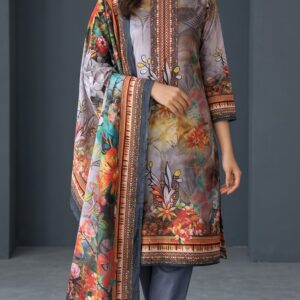 Unstitched Grey Floral Lawn Suit – Digital Printed 3 Piece Dress - Image 1