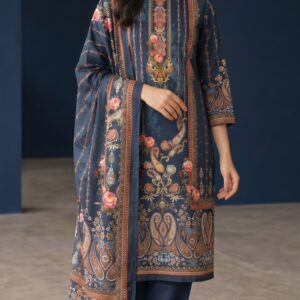 Unstitched navy blue lawn suit with digital printed paisley motifs, floral kameez, and matching dupatta