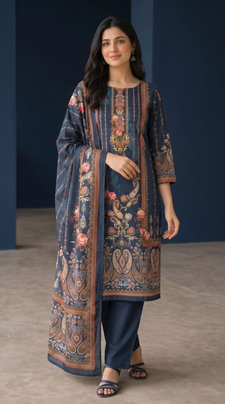 Unstitched navy blue lawn suit with digital printed paisley motifs, floral kameez, and matching dupatta