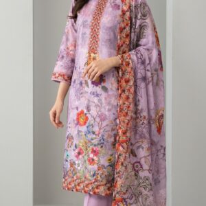 Unstitched purple sequence work lawn suit with digital printed floral kameez, embroidered panel, and printed dupatta