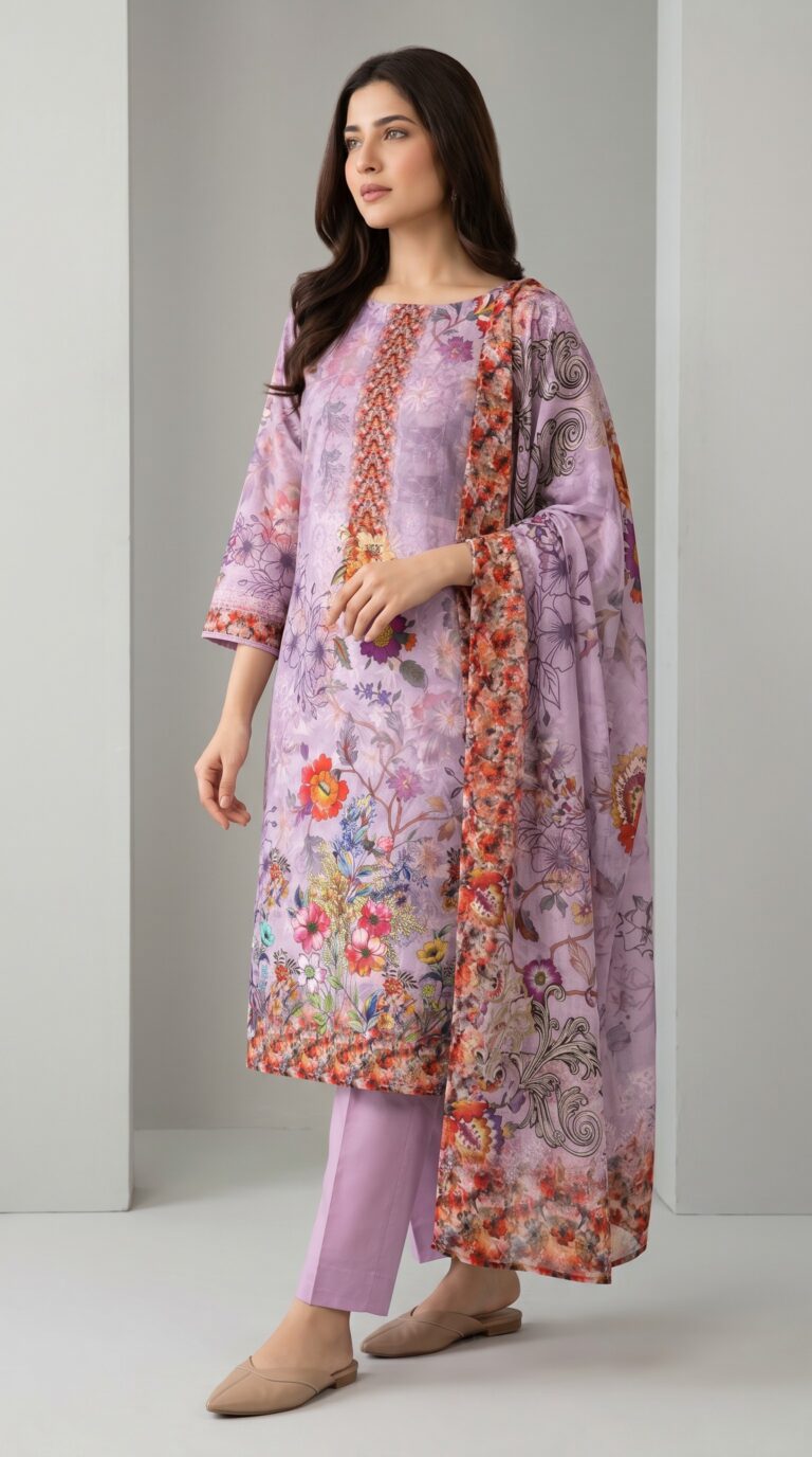 Unstitched purple sequence work lawn suit with digital printed floral kameez, embroidered panel, and printed dupatta