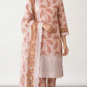 Unstitched peach pink lawn suit featuring digital printed body, boring work hemline, scalloped embroidery dupatta, and boring work salwar