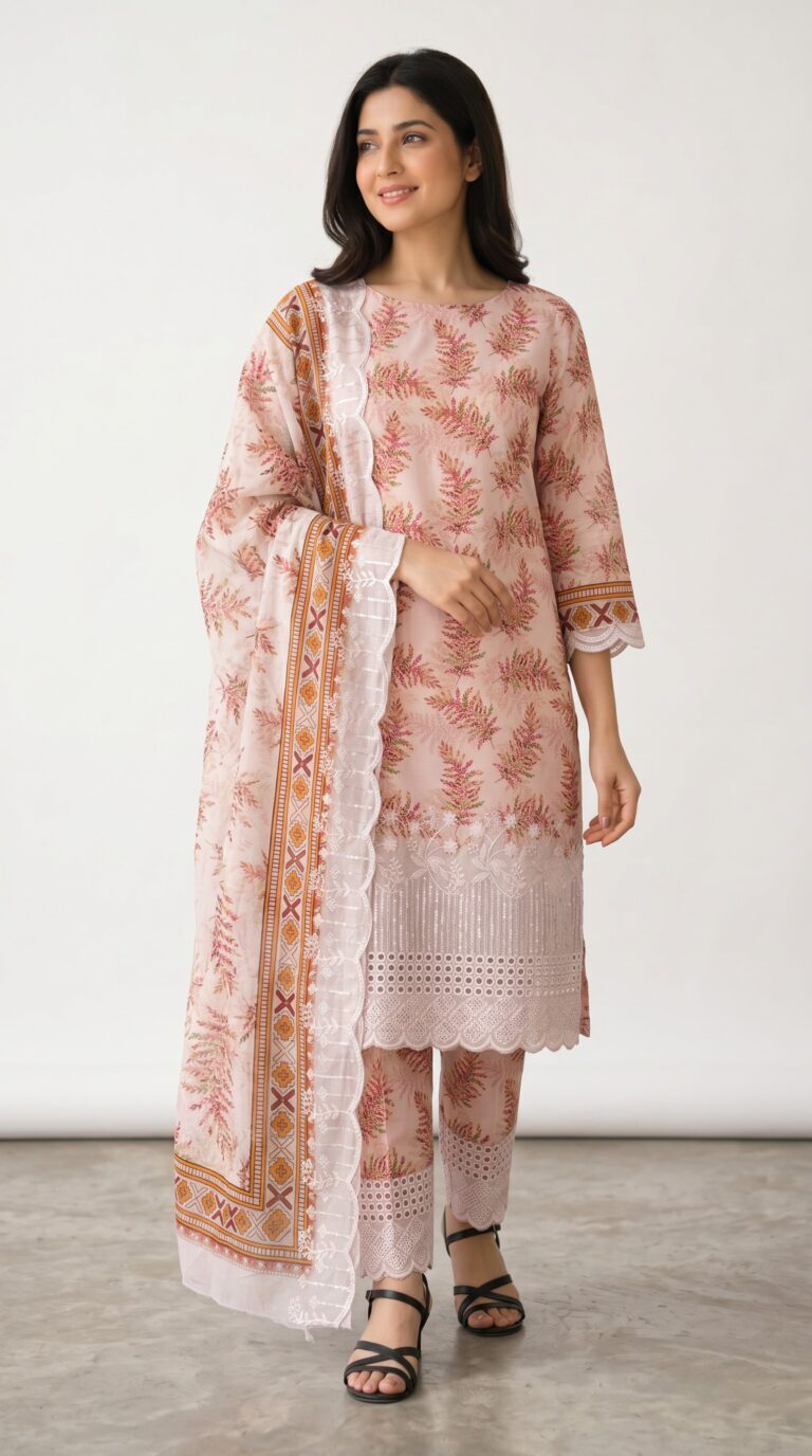 Unstitched peach pink lawn suit featuring digital printed body, boring work hemline, scalloped embroidery dupatta, and boring work salwar