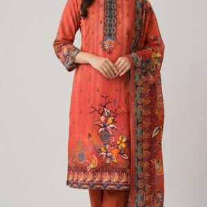 Unstitched Digital Printed Cotton Three Piece Set – Rust Orange Floral Lawn Suit - Image 1