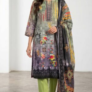 Unstitched Green Floral Lawn Suit – Digital Printed 3 Piece Dress - Image 1