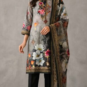 Unstitched Sophisticated Grey Floral Digital Printed Lawn 3-Piece Suit - Image 1