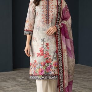 Unstitched sequence work lawn suit with digital printed floral kameez, zebra border dupatta, and off-white trousers