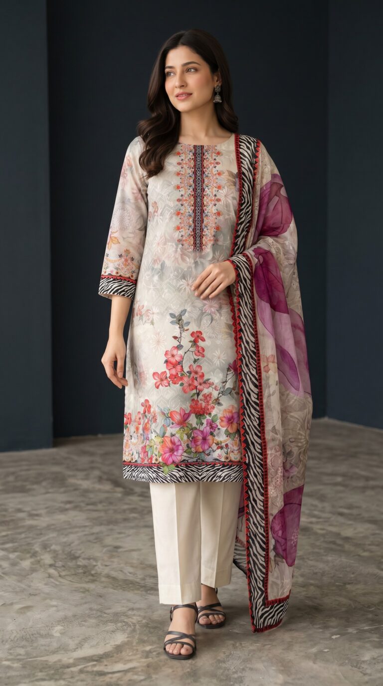 Unstitched sequence work lawn suit with digital printed floral kameez, zebra border dupatta, and off-white trousers