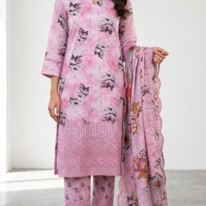Unstitched pink lawn suit featuring digital printed body, delicate boring work hem, and boring work salwar