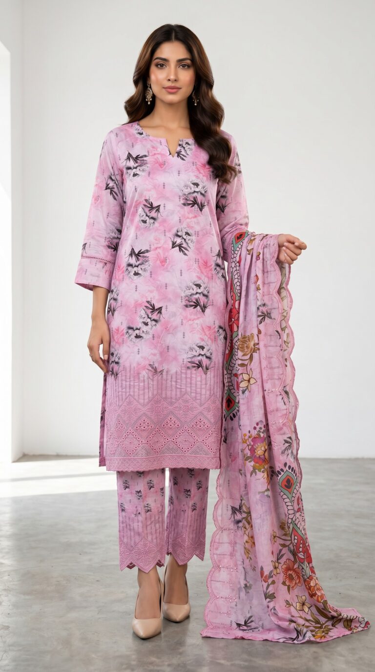 Unstitched pink lawn suit featuring digital printed body, delicate boring work hem, and boring work salwar