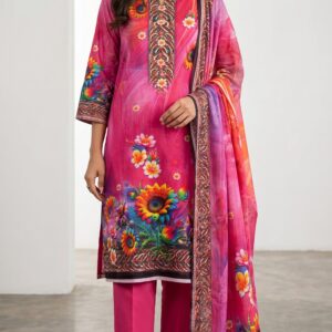 Unstitched Pink Floral Lawn Suit – Digital Printed 3 Piece Dress - Image 1