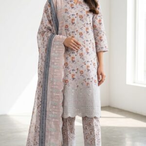 Unstitched lavender grey lawn suit featuring digital printed body, boring work hemline, scalloped dupatta, and boring work salwar