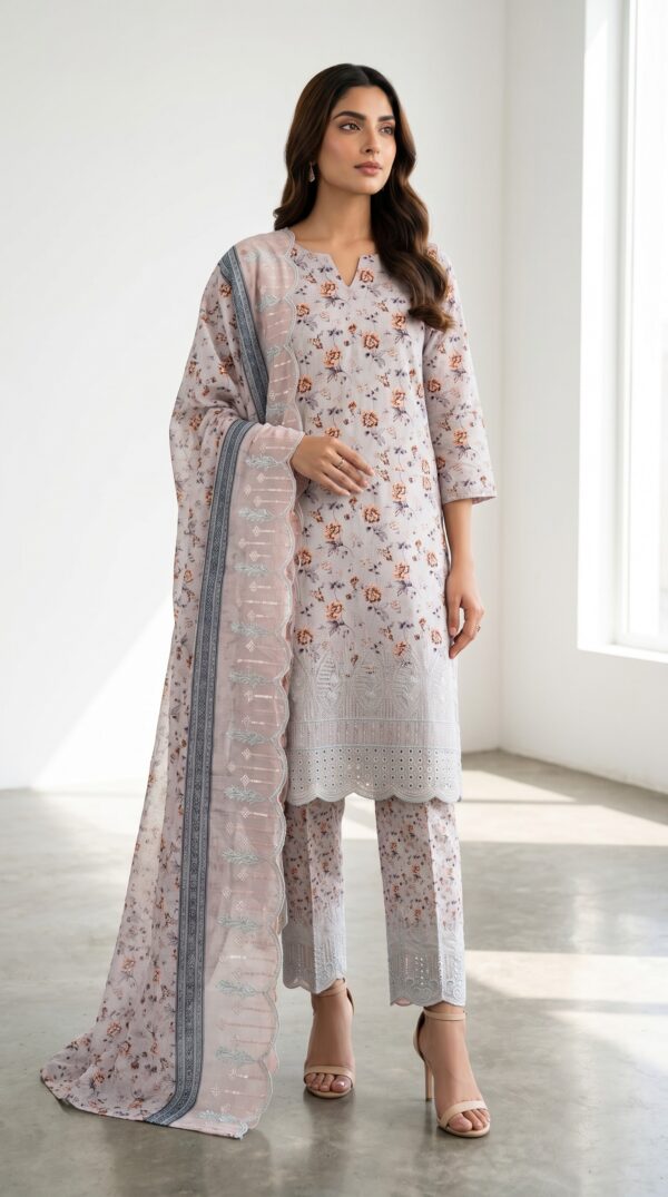 Unstitched lavender grey lawn suit featuring digital printed body, boring work hemline, scalloped dupatta, and boring work salwar