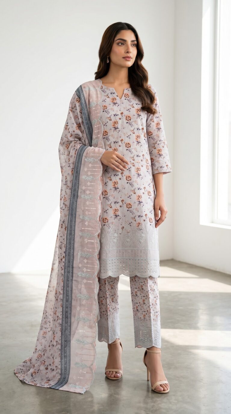 Unstitched lavender grey lawn suit featuring digital printed body, boring work hemline, scalloped dupatta, and boring work salwar