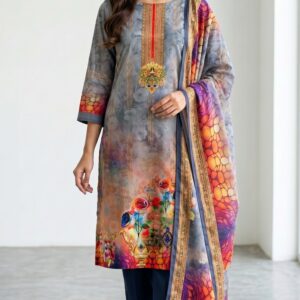 Unstitched grey floral lawn suit with digital printed kameez, vibrant dupatta, and navy trousers